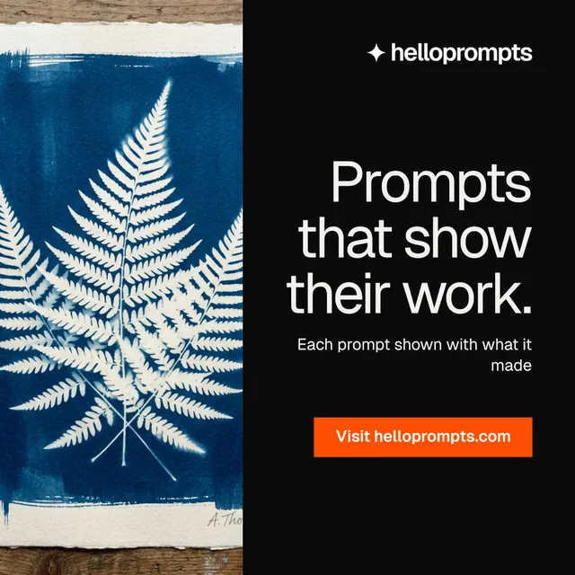 Instagram post for HelloPrompts: "Prompts that show their work." Split block style, right layout, dark palette in black, grey, blue.