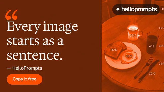 Landscape graphic for HelloPrompts: "Say it like an art director." Y2K style, quote layout, dark palette in orange, brown.