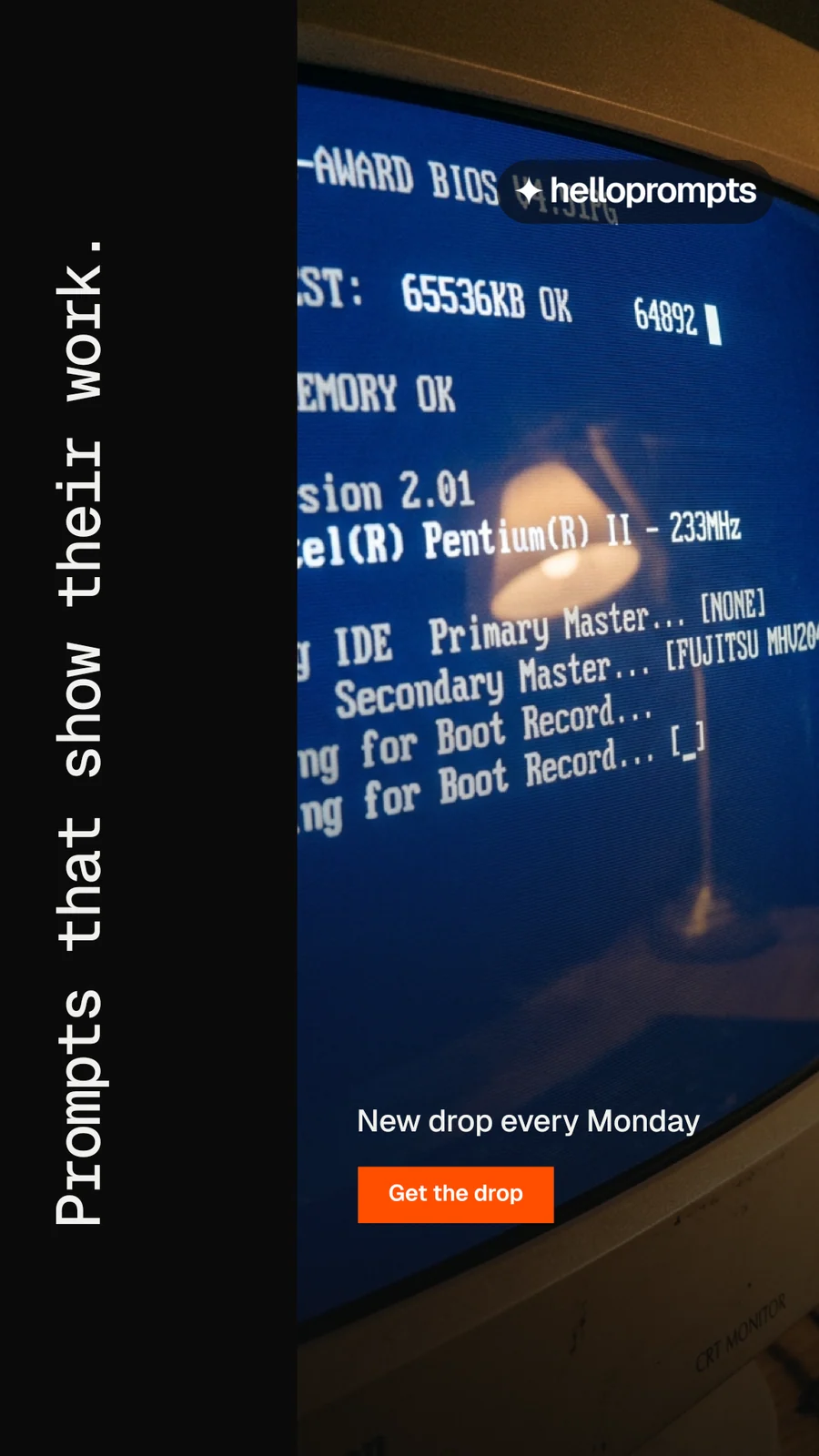 Instagram story for HelloPrompts: "Prompts that show their work." Swiss style, vertical layout, dark palette in black, blue, grey.
