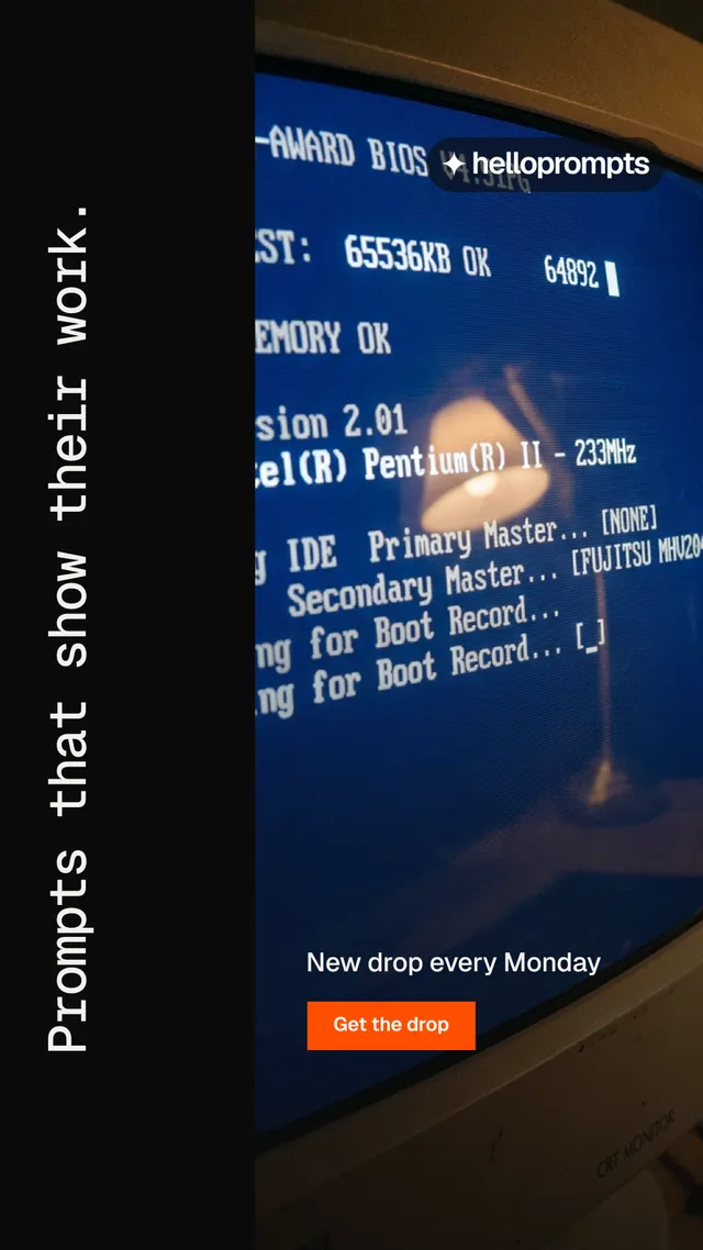 Instagram story for HelloPrompts: "Prompts that show their work." Swiss style, vertical layout, dark palette in black, blue, grey.