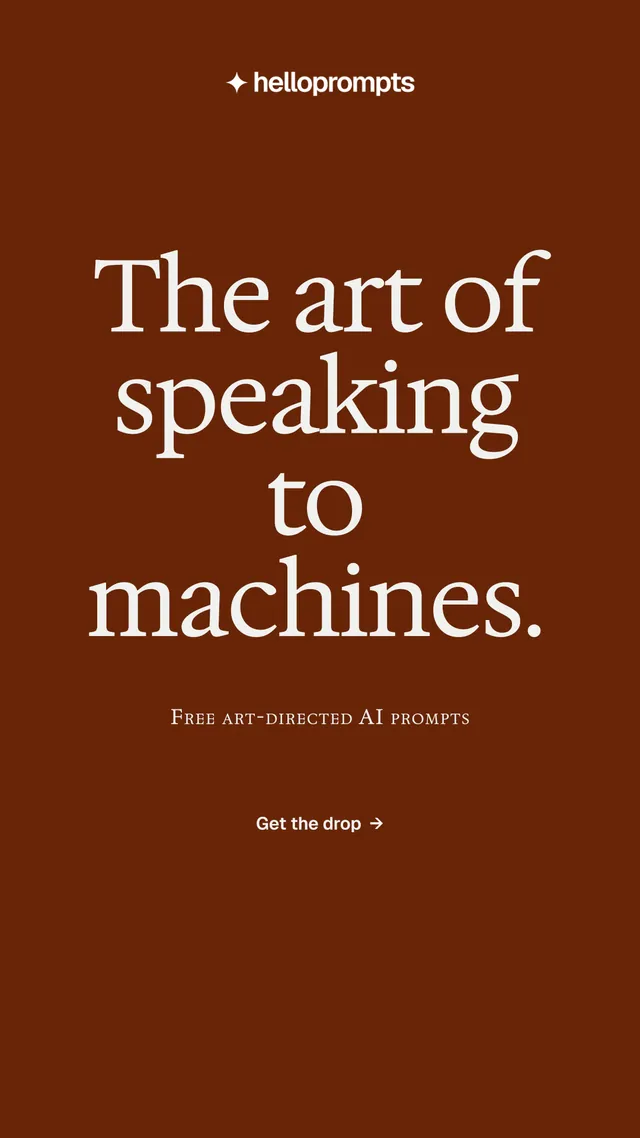 Instagram story for HelloPrompts: "The art of speaking to machines." Editorial style, smallcaps layout, dark palette in orange, brown.