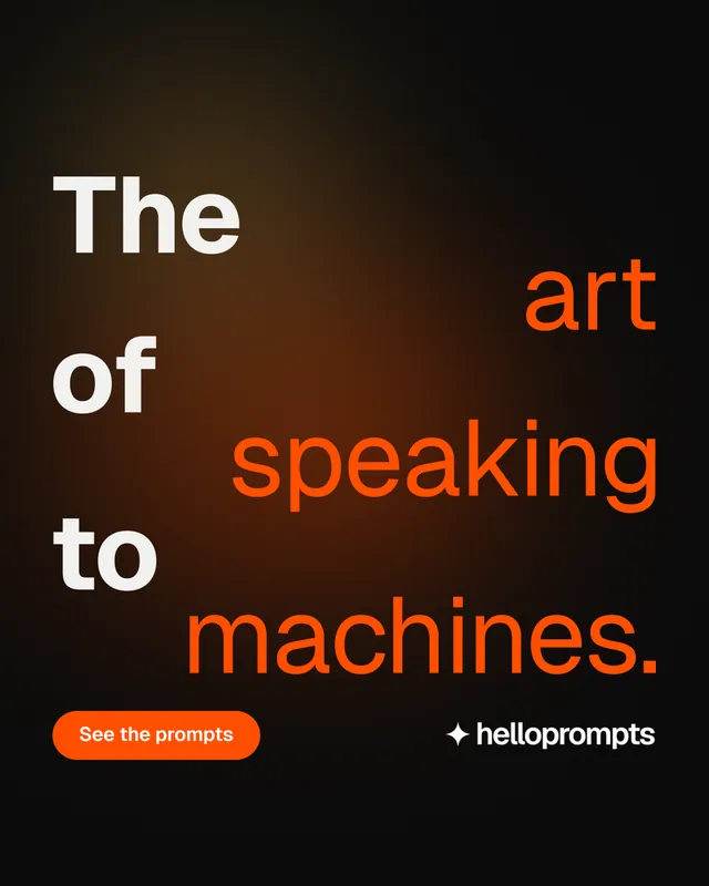 Instagram portrait post for HelloPrompts: "The art of speaking to machines." Y2K style, stacked layout, dark palette in black, orange.