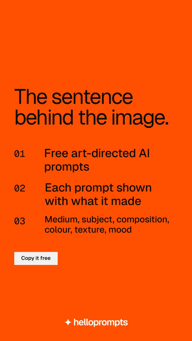 Instagram story for HelloPrompts: "The sentence behind the image." Split block style, numbered layout, dark palette in orange.