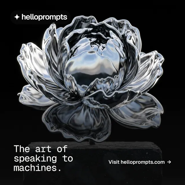 Instagram post for HelloPrompts: "The art of speaking to machines." Swiss style, image led layout, dark palette in black, grey.