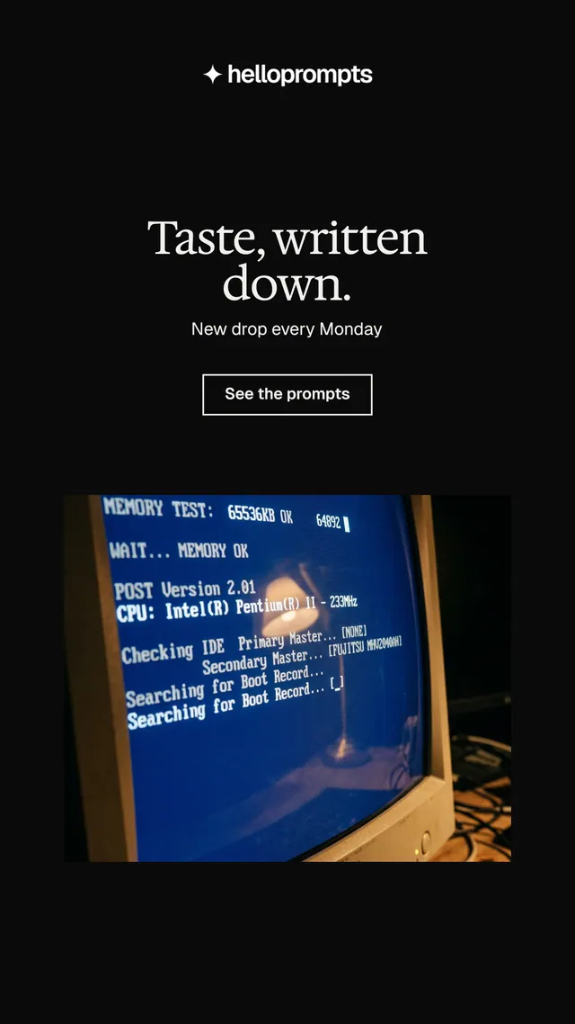 Instagram story for HelloPrompts: "Taste, written down." Editorial style, centred layout, dark palette in black, blue.