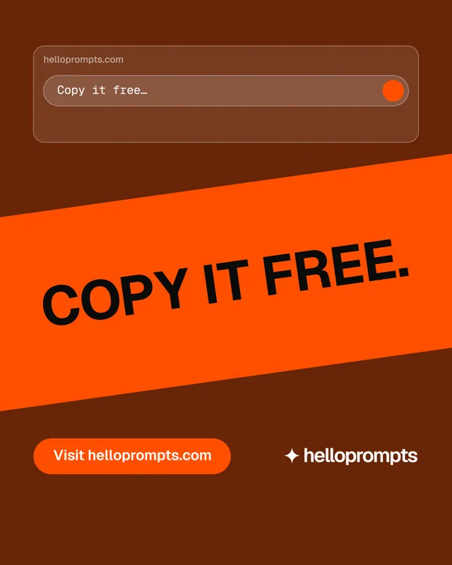 Instagram portrait post for HelloPrompts: "Copy it free." Y2K style, diagonal layout, dark palette in orange.