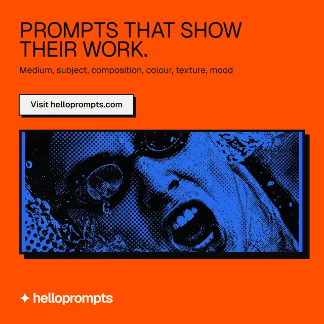 Instagram post for HelloPrompts: "Prompts that show their work." Brutalist style, skeleton layout, dark palette in orange, black, pink.