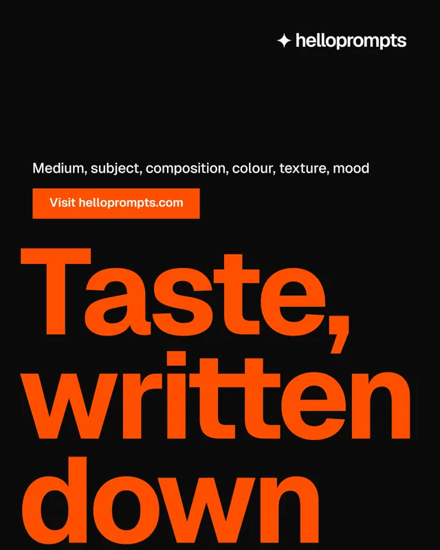 Instagram portrait post for HelloPrompts: "The art of speaking to machines." Swiss style, oversized layout, dark palette in black, orange.