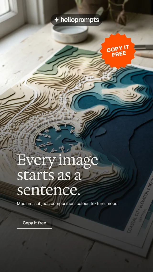 Instagram story for HelloPrompts: "Every image starts as a sentence." Editorial style, sticker layout, dark palette in black, grey, white.
