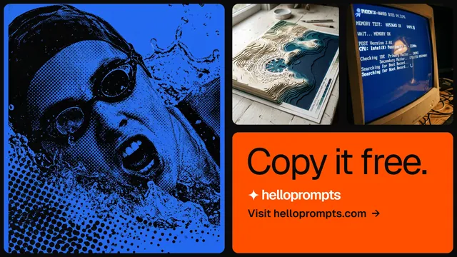 Landscape graphic for HelloPrompts: "Copy it free." Agentic glass style, collage layout, dark palette in blue, black, red.