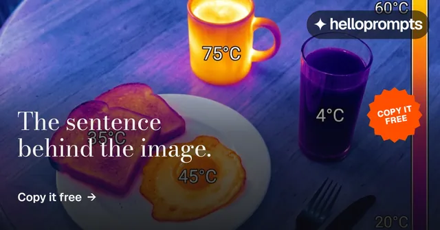 Social ad for HelloPrompts: "The sentence behind the image." Minimal luxury style, sticker layout, dark palette in blue, pink, purple.