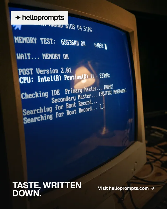 Instagram portrait post for HelloPrompts: "Taste, written down." Split block style, image led layout, dark palette in black, blue, grey.