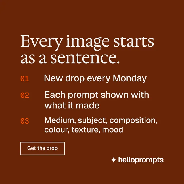 Instagram post for HelloPrompts: "Every image starts as a sentence." Editorial style, numbered layout, dark palette in orange, brown.