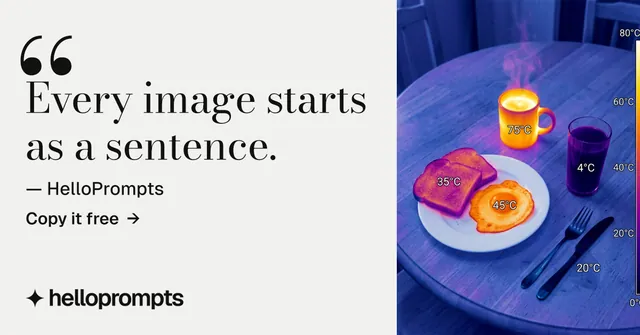 Social ad for HelloPrompts: "Every image starts as a sentence." Minimal luxury style, quote layout, light palette in white, blue, grey.