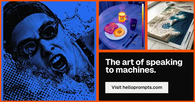 Social ad for HelloPrompts: "The art of speaking to machines." Split block style, collage layout, dark palette in blue, black, purple.