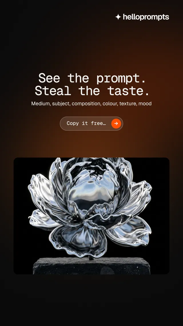 Instagram story for HelloPrompts: "See the prompt. Steal the taste." Agentic glass style, centred layout, dark palette in black, orange, grey.