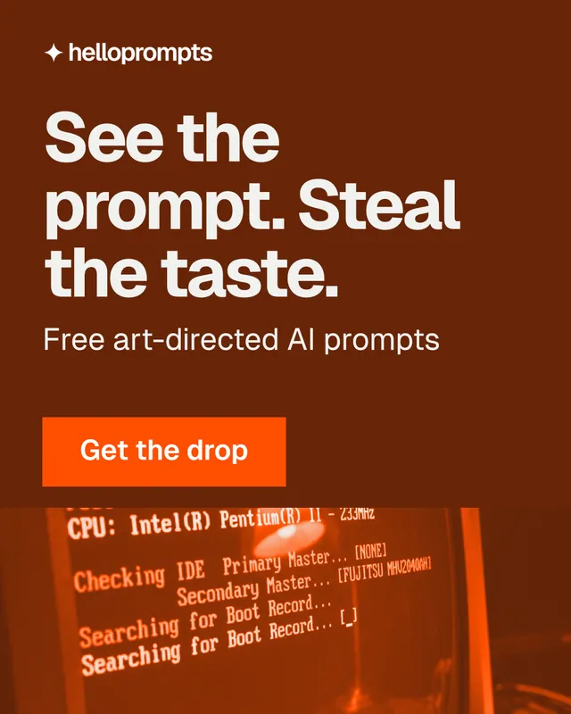 Instagram portrait post for HelloPrompts: "See the prompt. Steal the taste." Swiss style, skeleton layout, dark palette in orange.
