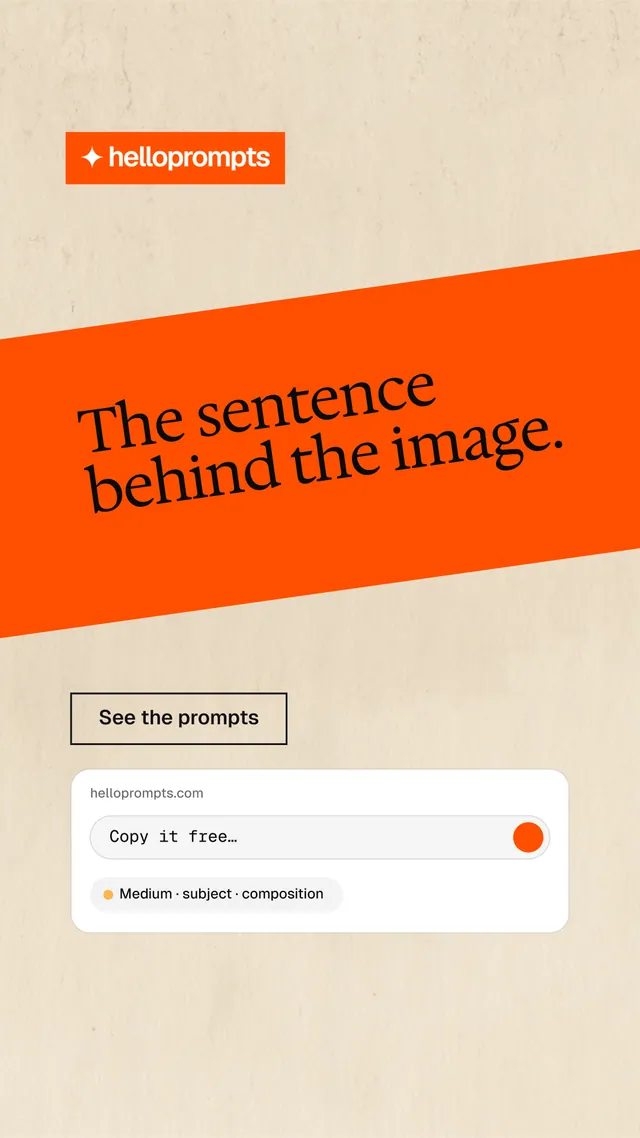 Instagram story for HelloPrompts: "The sentence behind the image." Editorial style, diagonal layout, light palette in orange, white.