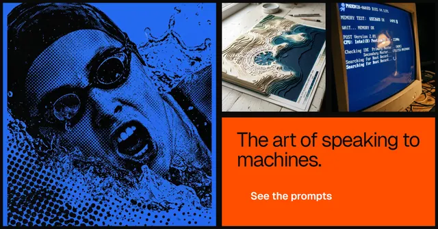 Social ad for HelloPrompts: "The art of speaking to machines." Swiss style, collage layout, dark palette in blue, red, black.