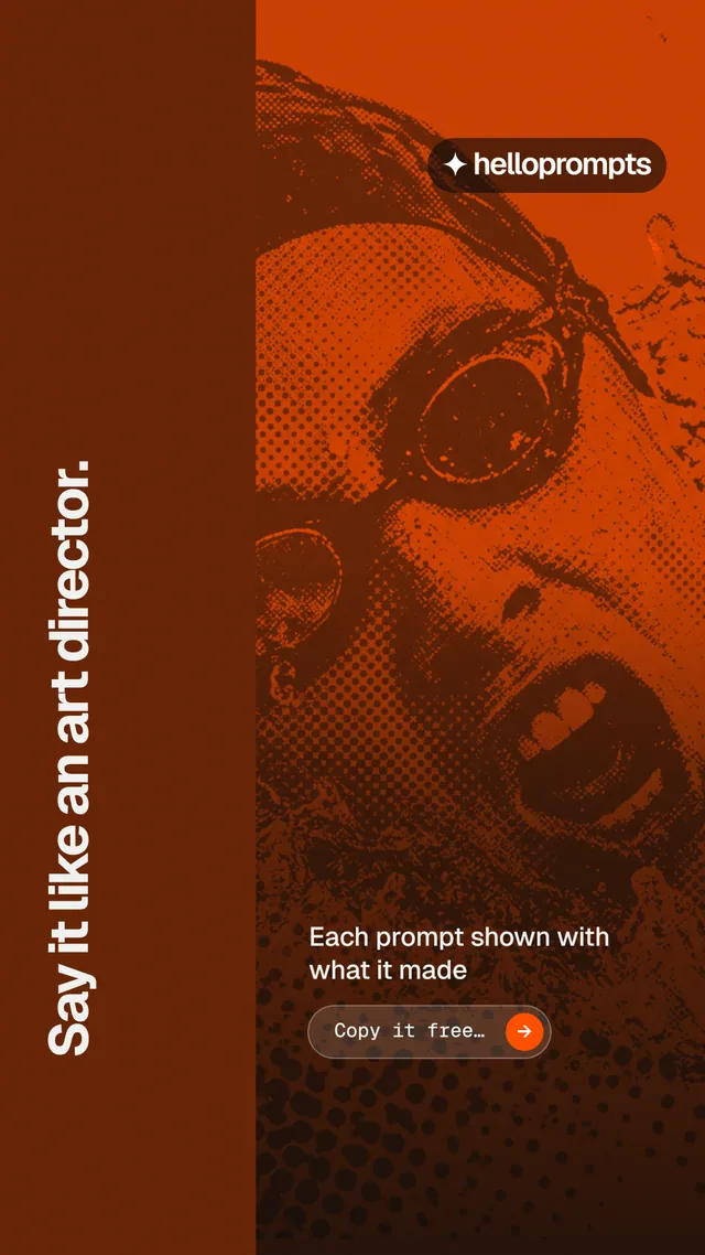 Instagram story for HelloPrompts: "Say it like an art director." Agentic glass style, vertical layout, dark palette in orange.
