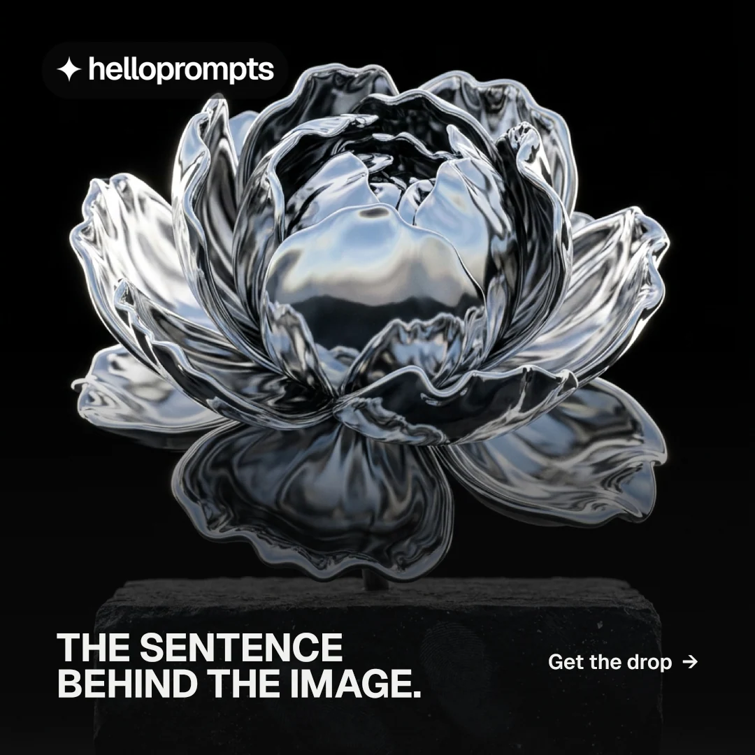 Instagram post for HelloPrompts: "The sentence behind the image." Y2K style, image led layout, dark palette in black, grey.