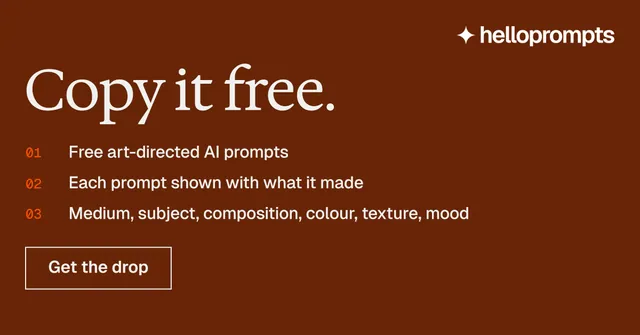 Social ad for HelloPrompts: "Copy it free." Editorial style, numbered layout, dark palette in orange, brown.