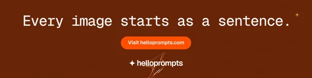 LinkedIn banner for HelloPrompts: "Every image starts as a sentence." Y2K style, skeleton layout, dark palette in orange, brown.