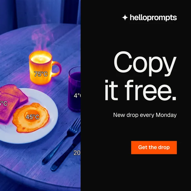 Instagram post for HelloPrompts: "Copy it free." Split block style, right layout, dark palette in black, grey, blue.