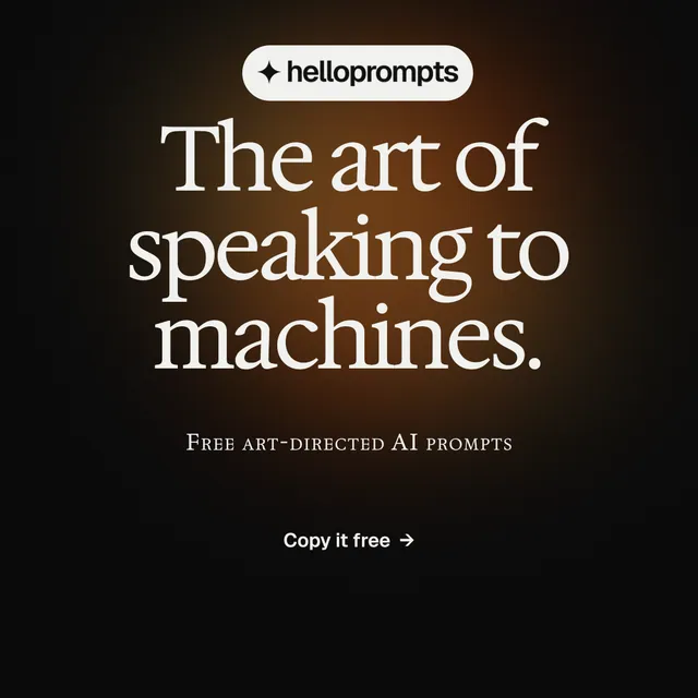 Instagram post for HelloPrompts: "The art of speaking to machines." Agentic glass style, smallcaps layout, dark palette in black, orange.