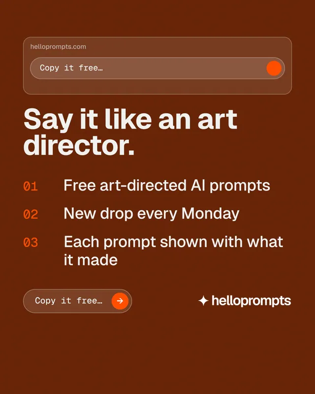 Instagram portrait post for HelloPrompts: "Say it like an art director." Agentic glass style, numbered layout, dark palette in orange, brown.