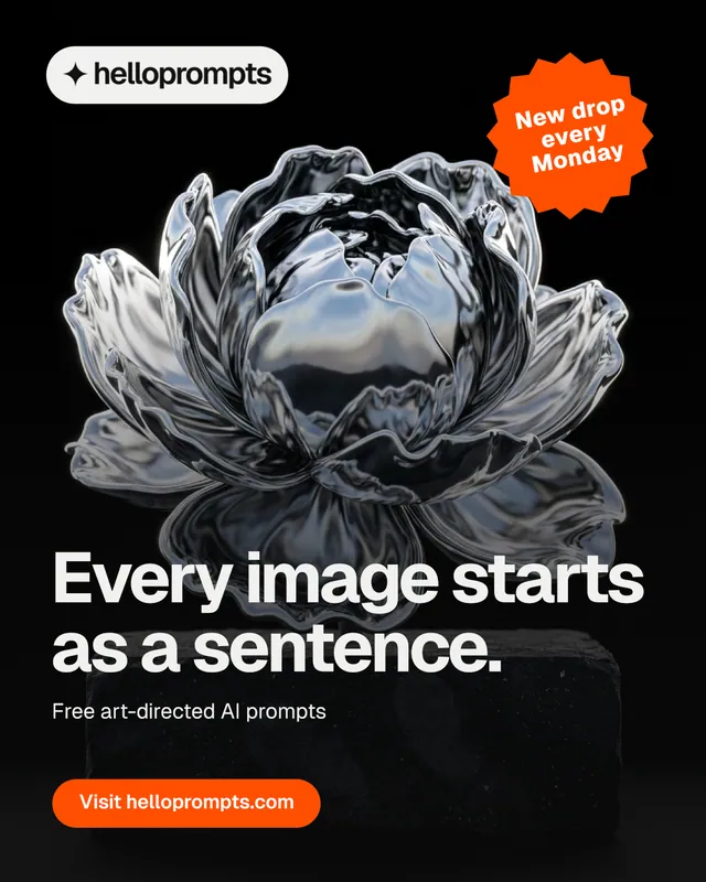 Instagram portrait post for HelloPrompts: "Every image starts as a sentence." Y2K style, sticker layout, dark palette in grey, black, orange.