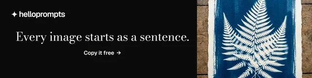 LinkedIn banner for HelloPrompts: "Every image starts as a sentence." Minimal luxury style, skeleton layout, dark palette in black, blue, grey.