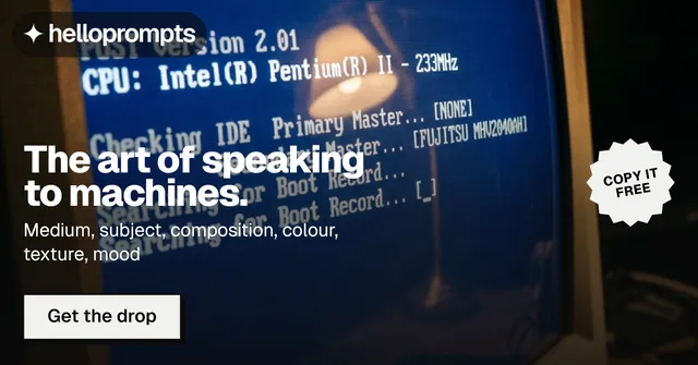 Social ad for HelloPrompts: "The art of speaking to machines." Brutalist style, sticker layout, dark palette in blue, grey, black.
