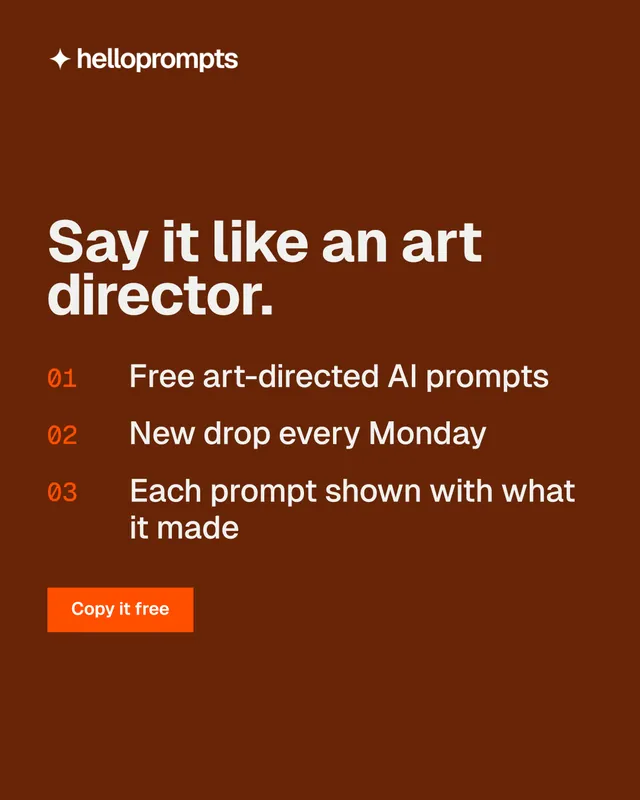 Instagram portrait post for HelloPrompts: "Say it like an art director." Swiss style, numbered layout, dark palette in orange, brown.