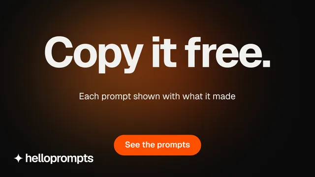 Landscape graphic for HelloPrompts: "Copy it free." Y2K style, centred layout, dark palette in black, orange.