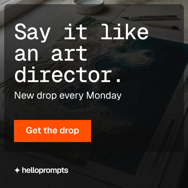 Instagram post for HelloPrompts: "Say it like an art director." Swiss style, skeleton layout, dark palette in black, orange, grey.
