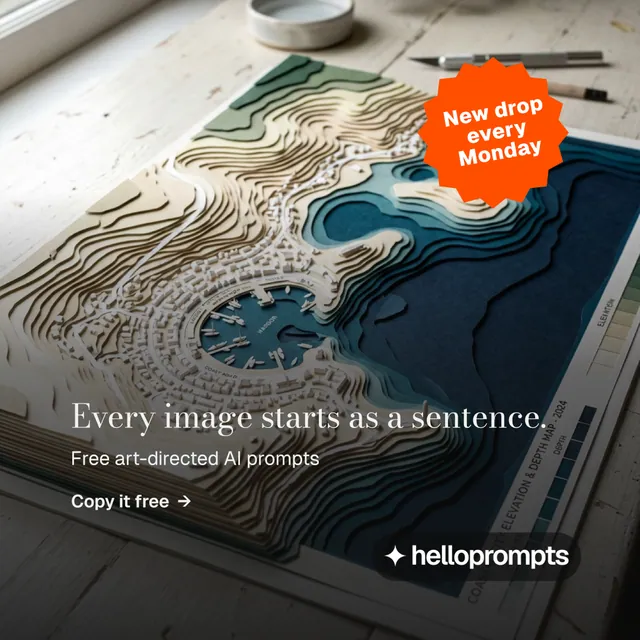 Instagram post for HelloPrompts: "Every image starts as a sentence." Minimal luxury style, sticker layout, dark palette in grey, black, orange.