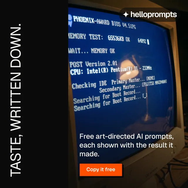 Instagram post for HelloPrompts: "Taste, written down." Brutalist style, vertical layout, dark palette in black, blue, grey.