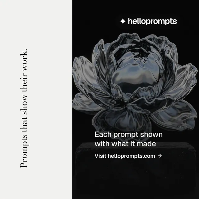 Instagram post for HelloPrompts: "Prompts that show their work." Minimal luxury style, vertical layout, dark palette in black, white, grey.