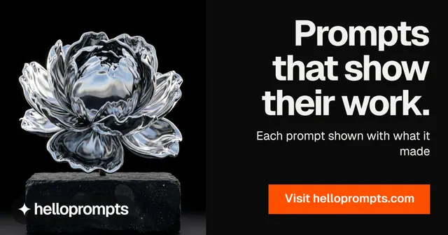 Social ad for HelloPrompts: "Prompts that show their work." Split block style, right layout, dark palette in black, orange, grey.
