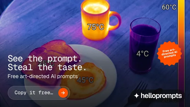 Landscape graphic for HelloPrompts: "See the prompt. Steal the taste." Agentic glass style, sticker layout, dark palette in blue, grey, pink.