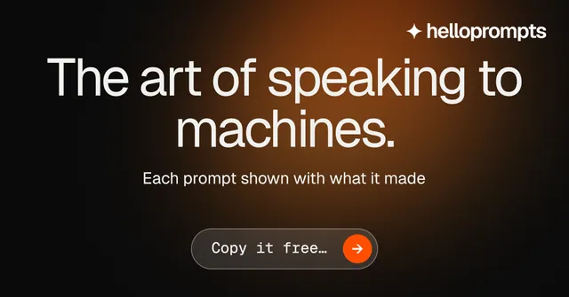 Social ad for HelloPrompts: "The art of speaking to machines." Agentic glass style, centred layout, dark palette in black, orange, grey.