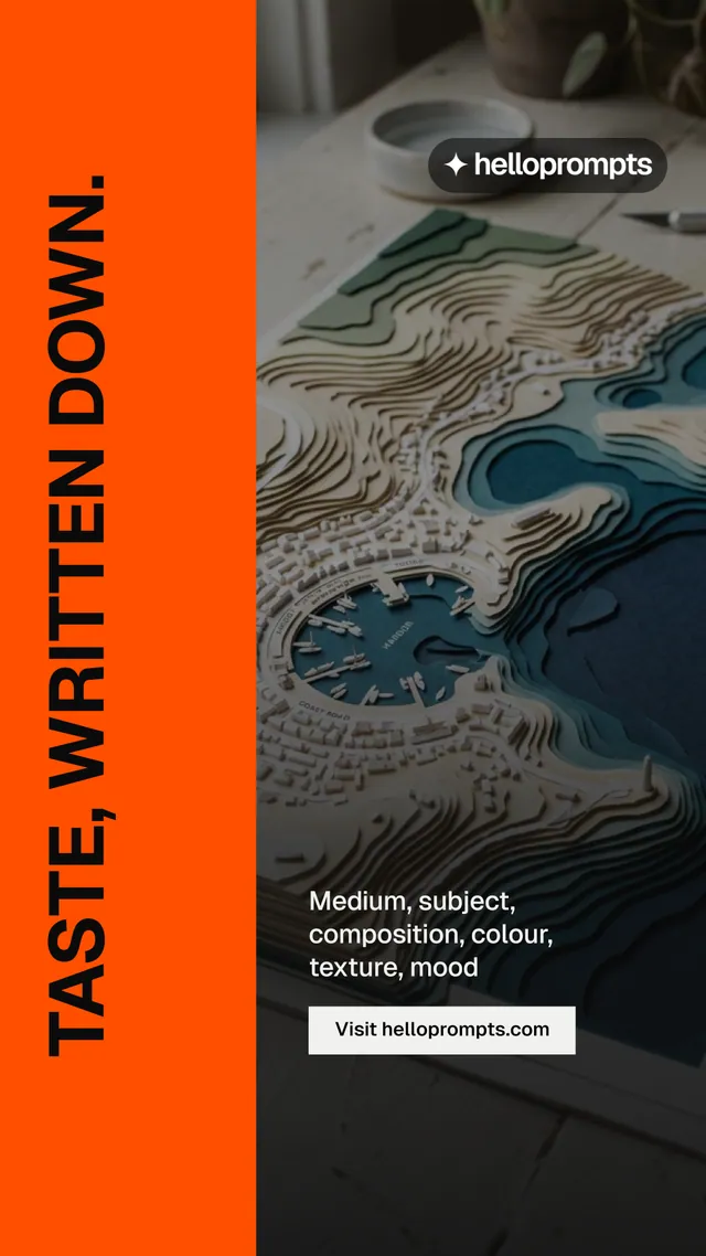 Instagram story for HelloPrompts: "Taste, written down." Swiss style, vertical layout, dark palette in orange, black, grey.