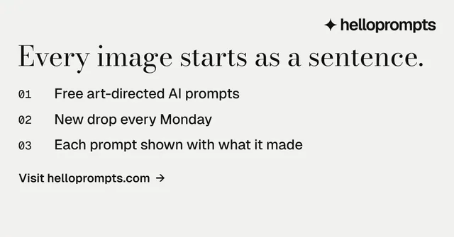 Social ad for HelloPrompts: "Every image starts as a sentence." Minimal luxury style, numbered layout, light palette in white, grey.