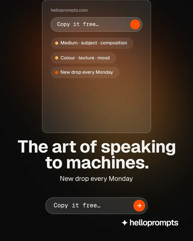 Instagram portrait post for HelloPrompts: "The art of speaking to machines." Agentic glass style, skeleton layout, dark palette in black, orange.