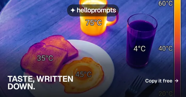 Social ad for HelloPrompts: "Taste, written down." Swiss style, image led layout, dark palette in blue, pink, orange.