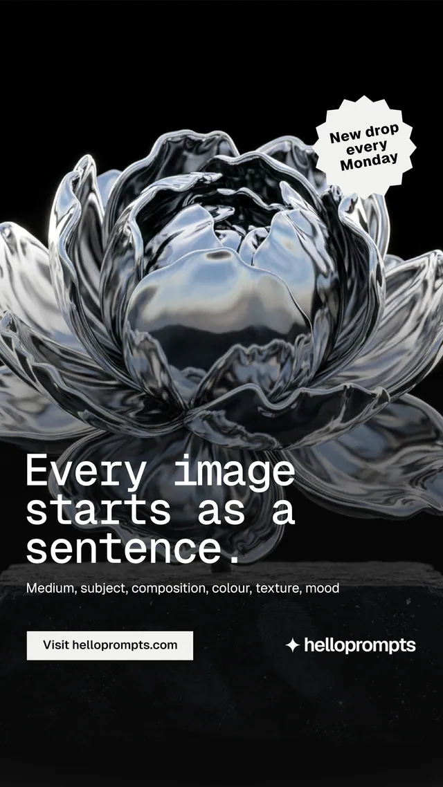 Instagram story for HelloPrompts: "Every image starts as a sentence." Brutalist style, sticker layout, dark palette in black, grey.