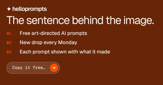 Social ad for HelloPrompts: "The sentence behind the image." Agentic glass style, numbered layout, dark palette in orange, brown.