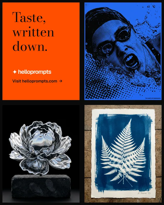 Instagram portrait post for HelloPrompts: "Taste, written down." Minimal luxury style, collage layout, dark palette in black, orange, blue.