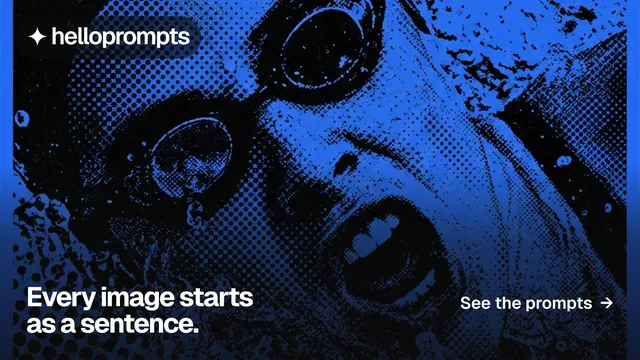 Landscape graphic for HelloPrompts: "Every image starts as a sentence." Split block style, image led layout, dark palette in black, blue.